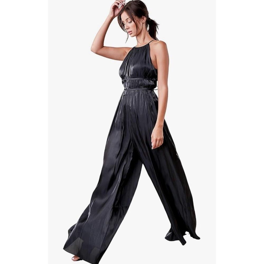 Sugarlips Halter Wide Leg Jumpsuit Metallic Silver Size XL Night Out Glam - Picture 4 of 9